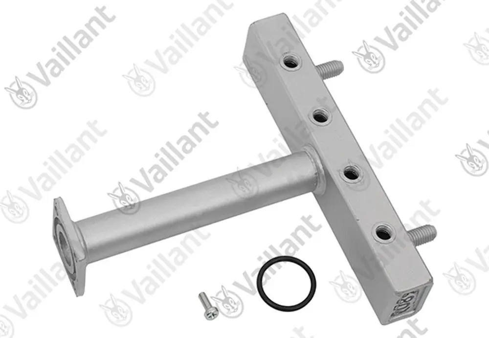 Vaillant Verteilerrohr in metallischer Ausführung, mit mehreren Bohrungen und einer Verbindung für einen Schlauch, zur Verwendung in Heizungsanlagen.